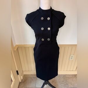 Banana Republic Sz 2 Black Ponte High Neck Double Breasted Sheath Pencil Dress